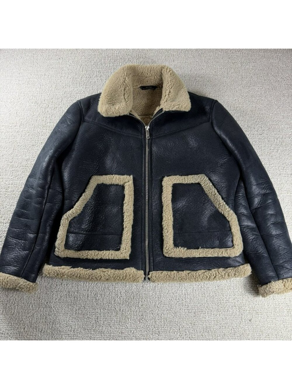 ZARA Faux Leather Shearling Lined Aviator Bomber Jacket Black Women's Size L